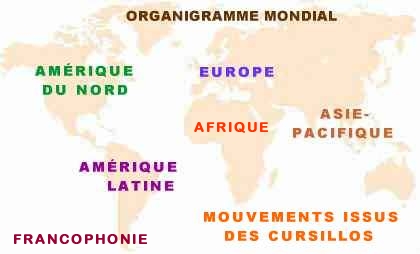 Sur fond d'une carte monde, liens aux régions où le Mouvement des Cursillos est implanté